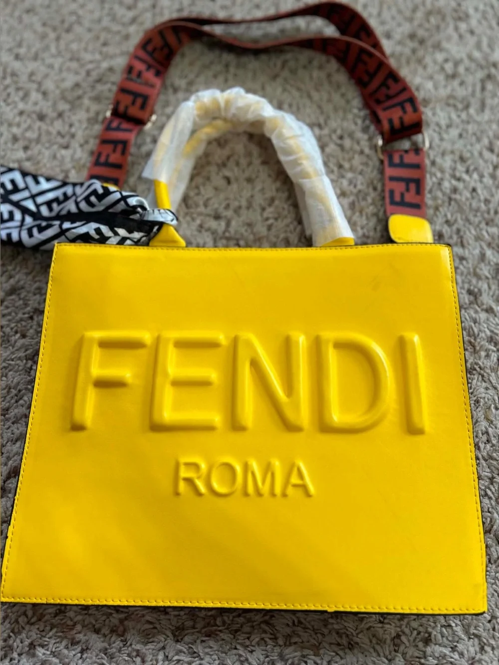 Fendi Yellow Roma Embossed Tote with Brown Logo Strap